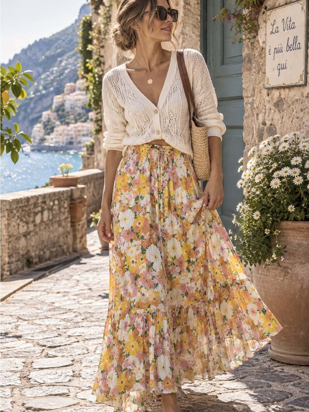 Rachel Zoe Floral Maxi Skirt Yellow Pink Boho Cottagecore Romantic Vacation Chic